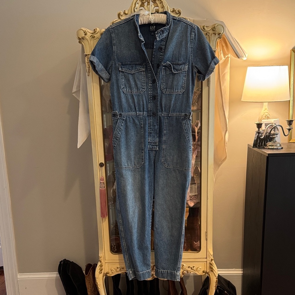 GAP Blue Short-Sleeve Denim Jumpsuit